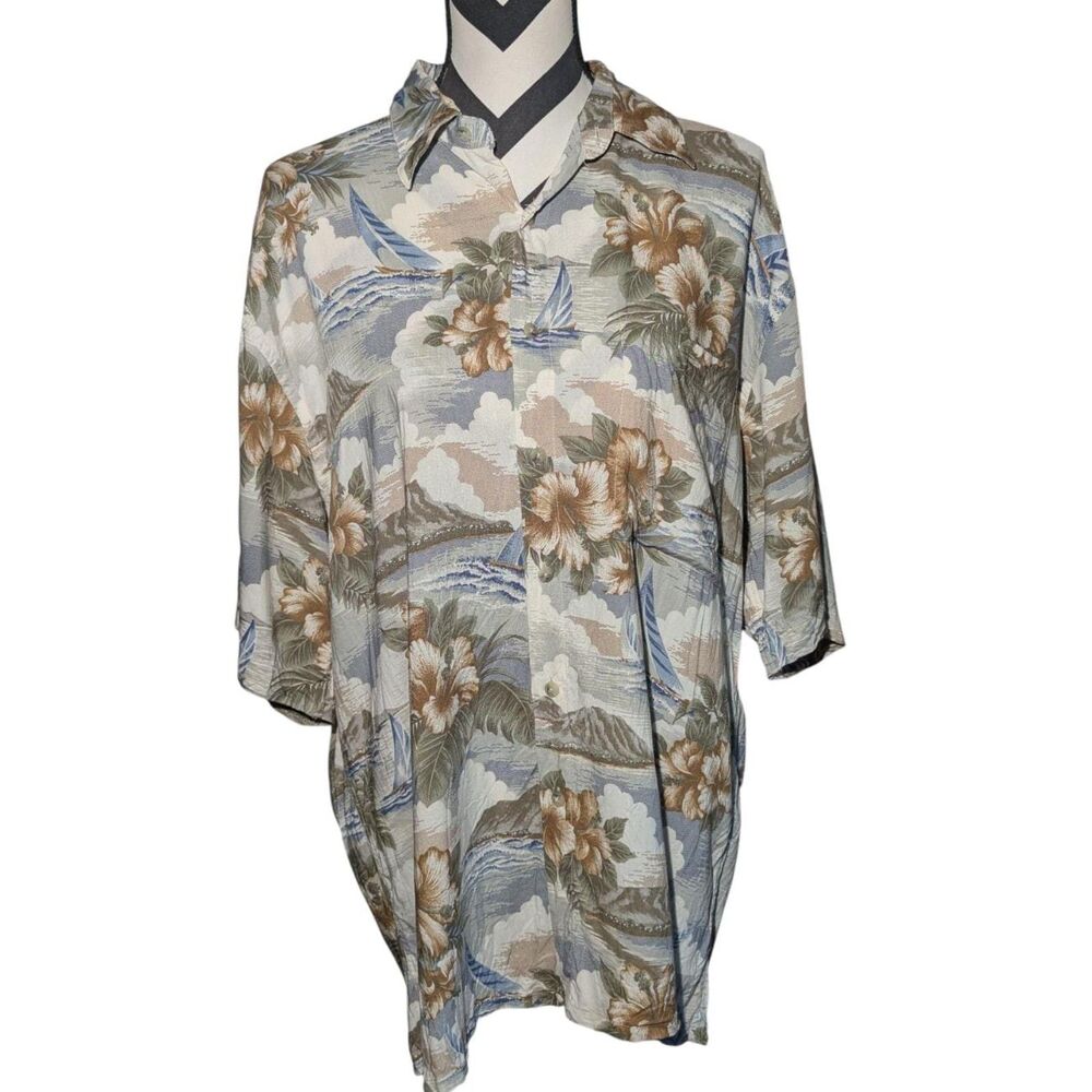 Pierre Cardin Mens Hawaiian Shirt Large Tropical Hibiscus Volcano Sailing Rayon